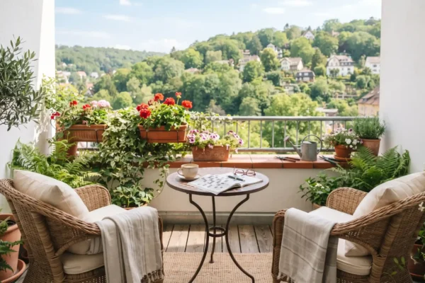 Bright editorial photography of a sunlit apartment balcony bathed in soft, natural morning light with a clean, centered composition. Two woven wicker armchairs with cream cushions and light throws flank a small bistro table holding an open crossword book and a coffee cup. Vibrant red geraniums and leafy potted plants line the terracotta railing, framing a crisp view of a lush green hillside in the distance under a clear blue sky, evoking a warm, inviting, and peaceful atmosphere.