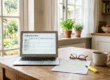 A clean, brightly lit composition featuring warm, directional morning sunlight casting soft shadows across a wooden surface. Centered in the shallow depth-of-field is an open laptop displaying the clear text "COMPARISON TABLE" above a blank grid. To the right, a printed document titled "RESIDENTIAL INSPECTION REPORT" rests on the table, with specific text lines saturated in bright yellow highlighter. The arrangement is framed by a softly blurred, sun-drenched window with vibrant green foliage in the background, establishing an airy, inviting tone.