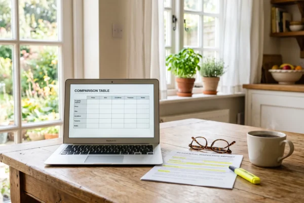 A clean, brightly lit composition featuring warm, directional morning sunlight casting soft shadows across a wooden surface. Centered in the shallow depth-of-field is an open laptop displaying the clear text "COMPARISON TABLE" above a blank grid. To the right, a printed document titled "RESIDENTIAL INSPECTION REPORT" rests on the table, with specific text lines saturated in bright yellow highlighter. The arrangement is framed by a softly blurred, sun-drenched window with vibrant green foliage in the background, establishing an airy, inviting tone.