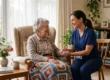 Bright, uplifting editorial photography with a clean composition, bathed in soft, natural morning light streaming through a large window with sheer curtains on the left. The photorealistic image utilizes a shallow depth of field to draw sharp focus to the warm, inviting interaction between a nurse in blue scrubs and an elderly woman wrapped in a colorful crocheted blanket. The foreground and background feature vibrant, true-to-life colors, highlighting a floral vase and ceramic mug on a wooden side table, creating an airy, highly detailed, and comforting visual tone.