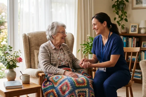 Bright, uplifting editorial photography with a clean composition, bathed in soft, natural morning light streaming through a large window with sheer curtains on the left. The photorealistic image utilizes a shallow depth of field to draw sharp focus to the warm, inviting interaction between a nurse in blue scrubs and an elderly woman wrapped in a colorful crocheted blanket. The foreground and background feature vibrant, true-to-life colors, highlighting a floral vase and ceramic mug on a wooden side table, creating an airy, highly detailed, and comforting visual tone.