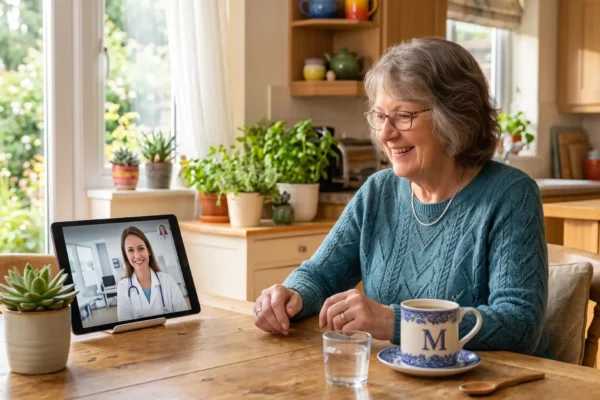A bright, sun-drenched editorial composition with soft, natural light streaming from a window on the left, gently illuminating an older woman seated on the right side of the frame. The shallow depth of field creates a warmly blurred, airy kitchen background. She is smiling toward a tablet prominently positioned on a wooden table in the left-center, which clearly displays a female doctor in a white coat. In the lower right foreground rests a teacup featuring a large, distinct capital letter "M".