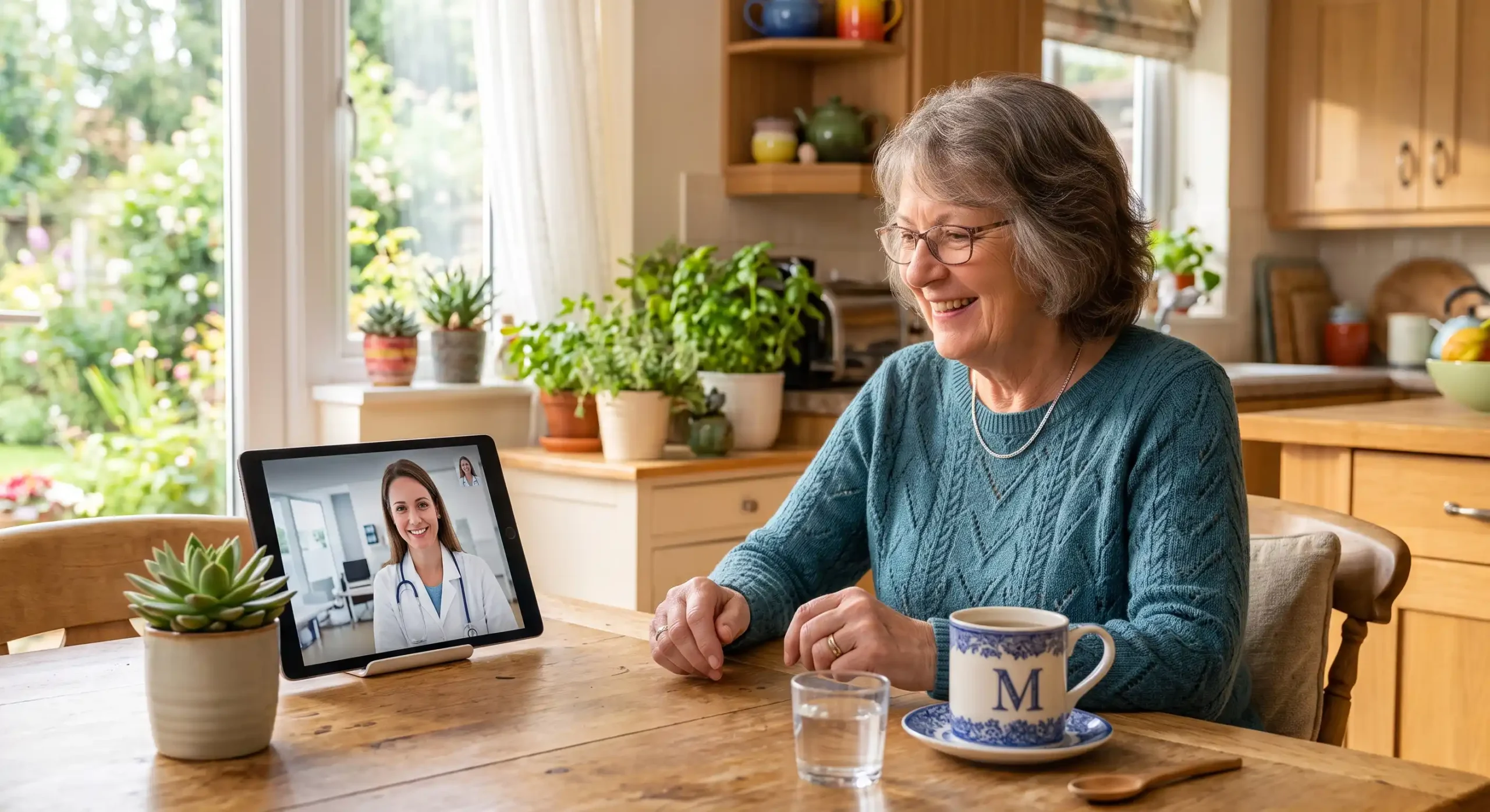 A bright, sun-drenched editorial composition with soft, natural light streaming from a window on the left, gently illuminating an older woman seated on the right side of the frame. The shallow depth of field creates a warmly blurred, airy kitchen background. She is smiling toward a tablet prominently positioned on a wooden table in the left-center, which clearly displays a female doctor in a white coat. In the lower right foreground rests a teacup featuring a large, distinct capital letter "M".