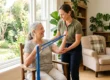 A medium-wide, brightly lit photograph capturing a smiling older woman seated and a smiling physical therapist standing, both looking at each other, in a cozy, plant-filled living room. The scene is flooded with natural light streaming from a large, multi-pane window on the left, casting soft, warm tones across the subjects and the interior. The composition is balanced, with the physical therapist guiding the older woman in using a blue resistance band in the center of the frame. The background features various potted plants, a wooden bookshelf, an upholstered armchair with a plaid throw blanket, and a decorative vase, all contributing to a warm, domestic atmosphere. The focus is sharp on the two individuals and their interaction, with no text visible on any object. The perspective is eye-level.