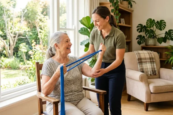 A medium-wide, brightly lit photograph capturing a smiling older woman seated and a smiling physical therapist standing, both looking at each other, in a cozy, plant-filled living room. The scene is flooded with natural light streaming from a large, multi-pane window on the left, casting soft, warm tones across the subjects and the interior. The composition is balanced, with the physical therapist guiding the older woman in using a blue resistance band in the center of the frame. The background features various potted plants, a wooden bookshelf, an upholstered armchair with a plaid throw blanket, and a decorative vase, all contributing to a warm, domestic atmosphere. The focus is sharp on the two individuals and their interaction, with no text visible on any object. The perspective is eye-level.