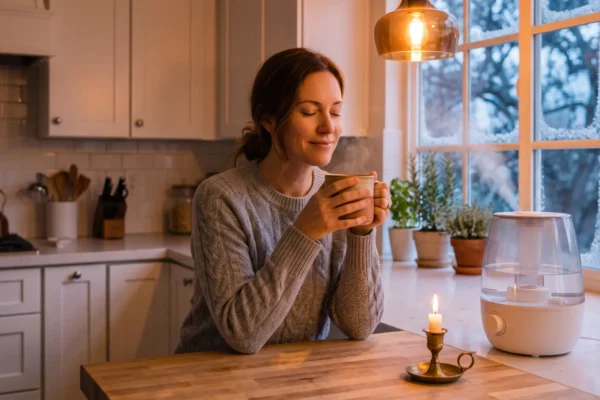 A warmly lit, intimate scene in a cozy kitchen during twilight. A woman with her eyes closed, wearing a grey cable-knit sweater, is seated at a rich wood-grain table. The central focus is her peaceful expression as she holds a steaming, textured ceramic mug against her neck, suggesting relief from discomfort. A warm glow emanates from a modern, clear-reservoir humidifier and a small, brass-stemmed candle, contrasting sharply with the deep, cool blue light and intricate frost patterns visible through the large, gridded window behind her. No text is visible on any object.