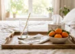 A brightly lit, magazine-quality close-up composition of a wooden bedside tray resting on pale linen bedding. Soft, natural sunlight streams from an out-of-focus window in the background, creating a warm, airy, and uplifting atmosphere with a shallow depth of field. Centered on the tray is a folded white napkin holding a digital thermometer with a numeric LCD display and a plain white rapid-test cassette. The composition is balanced by a glass of water with a yellow-and-white striped straw on the left, and a bowl of vibrant orange clementines next to a patterned tissue box on the right.